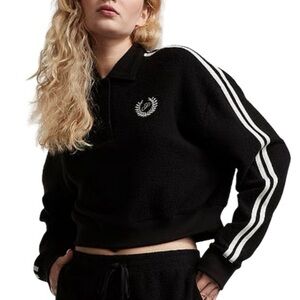 Victoria’s Secret PINK Black White Logo Reverse Fleece Cropped Polo Sweatshirt